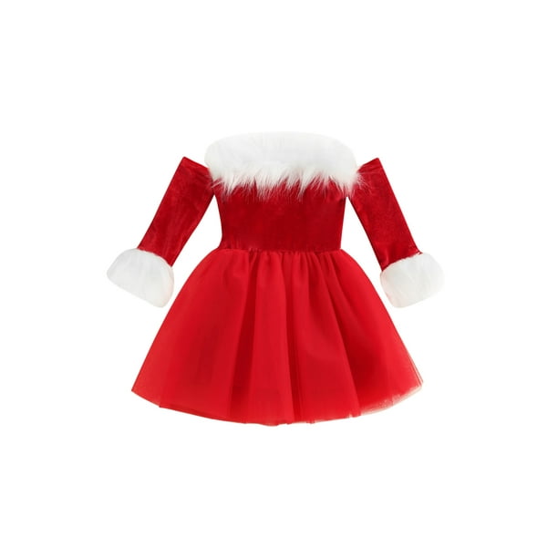 ITFABS Girls Christmas Dress Off Shoulder Long Sleeve Fur Trim