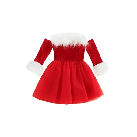 

SUNSIOM Toddler Baby Girls Velvet Christmas Red Dresses Off Shoulder Long Sleeve Tutu Skirt Princess Party Tulle Dress