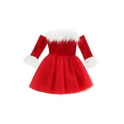 Christmas Toddler Girl Santa Claus Costume Dress Xmas Off Shoulder Velvet Princess Dress