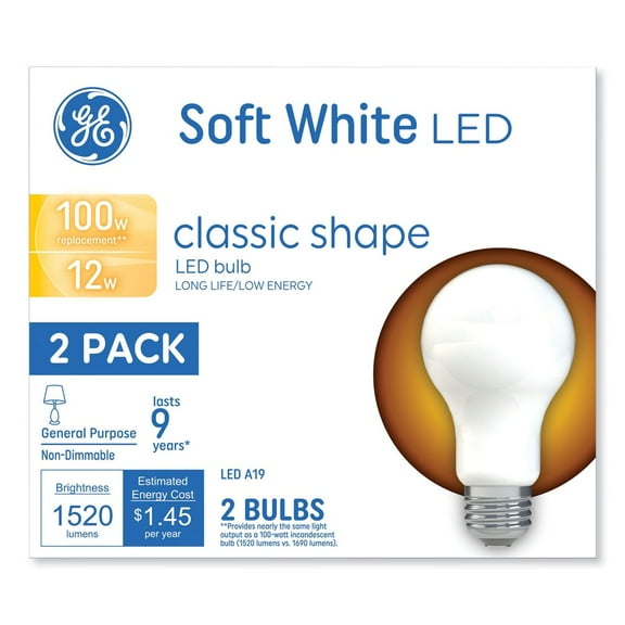 GE 93109188 12 Watts A19 Classic LED Non-Dim Light Bulb - Soft White (2/Pack)
