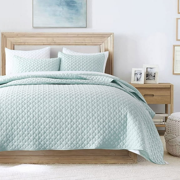 Quilt Twin Size Aqua Blue, Lightweight Quilt for Summer Ultra-Soft Microfiber Modern Style Quilted Clouds Pattern Bedspread Quit Set 2 Pieces (1 Quilt and 1 Pillow Sham)