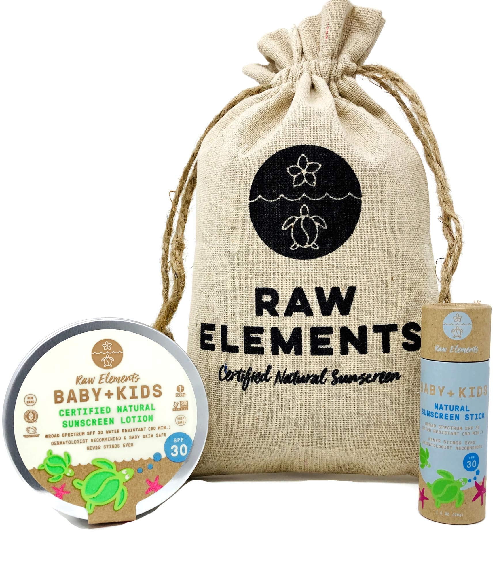 Raw Elements Baby + Kids SPF 30 Organic Sunscreen Zero-Waste Bundle with Lotion Tin 3oz, Lotion Stick 1oz and Hemp Drawstring Bag
