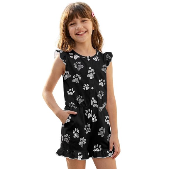 ZIATUBLE4S Black Paw Print Girls Summer Romper Ruffle Cap Sleeves One-Piece Short Jumpsuit Soft Comfort Kids Casual Playsuit with Pockets for 5-6 Y