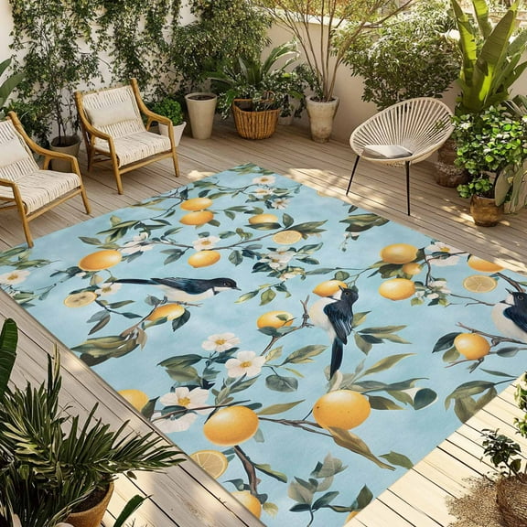 Fsddascl Lemon Bird Outdoor Rug for Patio/Deck/Porch, Non-Slip Large Area Rug 4 x 6 Ft, Blue Watwecolor Spring Summer Flowers Leaf Indoor Outdoor Rugs Washable Area Rugs, Camping Rug Carpet