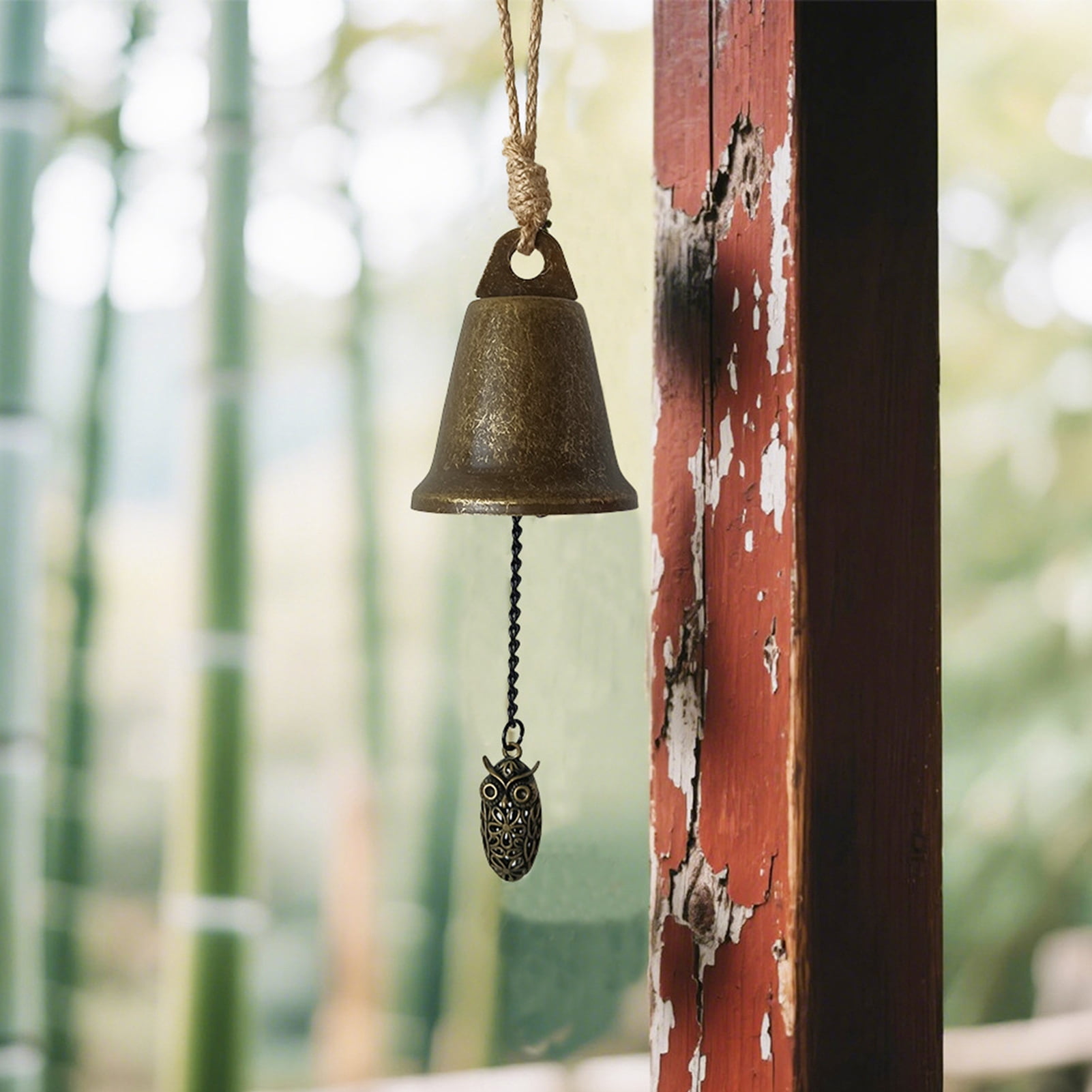 OIUR Vintage Hanging Bell Rustic Metal Wind Chime Retro Hanging Wind Bell with Owl or Leaf Pendant for Home Entrance Farmhouse Garden Decoration