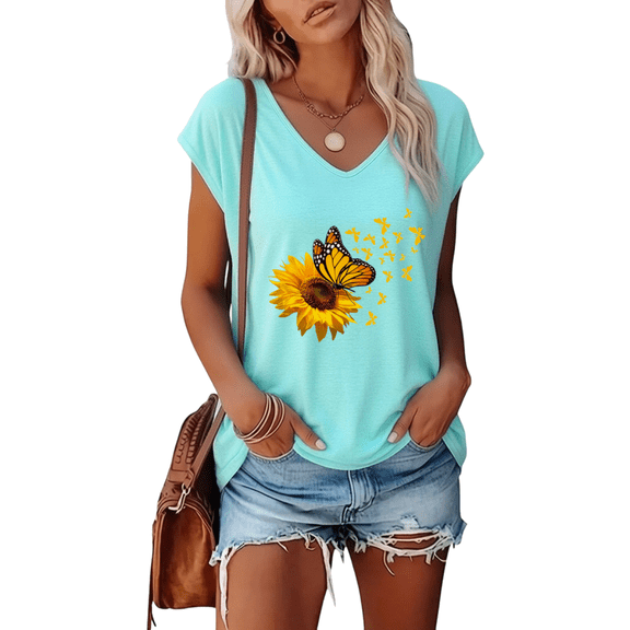 UNISHE Ladies Blue Rustic Sunflower Butterfly V Neck Short Sleeve T-Shirt Farmhouse Floral Style S-5XL Tops