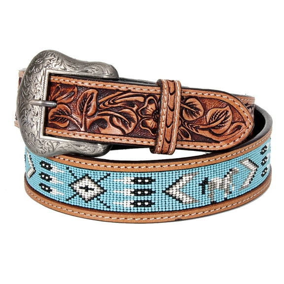 Bar H Equine Hand Carved Western Leather Belt Men Women Beaded Medium