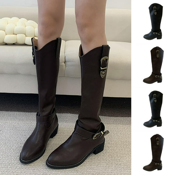 Mid Calf Boots Women Chunky Low Heel Pointy Toe Solid Color Belt Buckle Long Tall Booties Women Trendy Casual Outdoor Dressy Winter Warm Shoes Brown 6.5