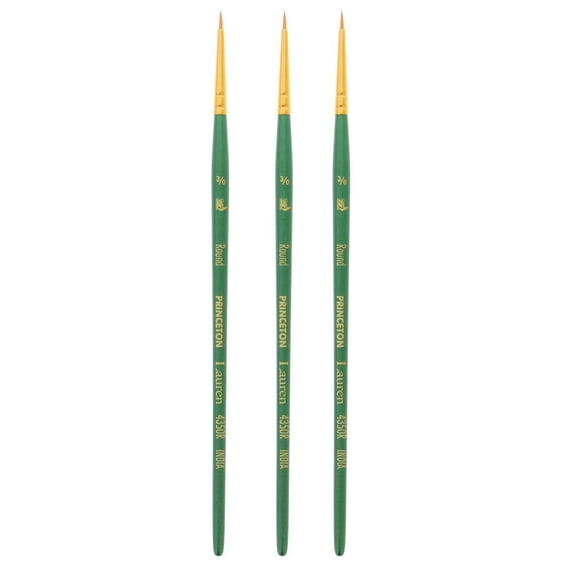 Princeton Lauren Round Brush, Synthetic Bristles, Short Handle Watercolor Paintbrush, Evergreen, Size 3/0, Pack of 3