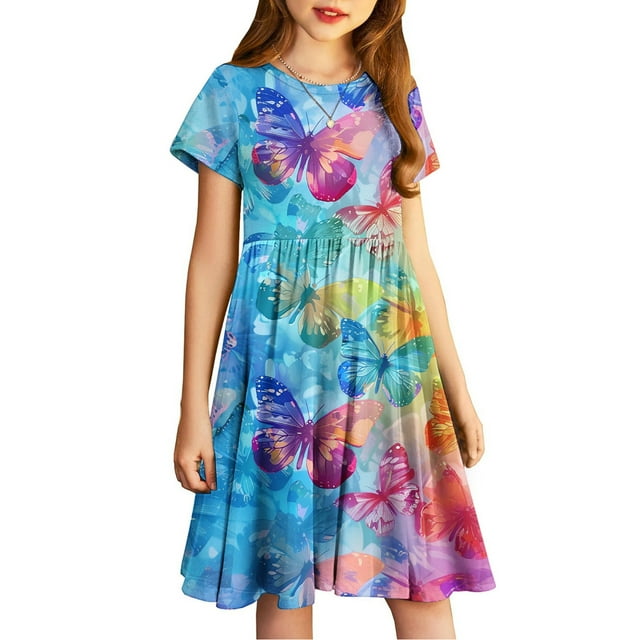 yoeyez Robe Fluide pour Filles Mode pour Enfants Robe Maxi Imprimée Manches Courtes Col Ras du Cou à Volants Plissée Robe Soleil Fluide Décontractée Midi Multicolore, 11-12 Ans