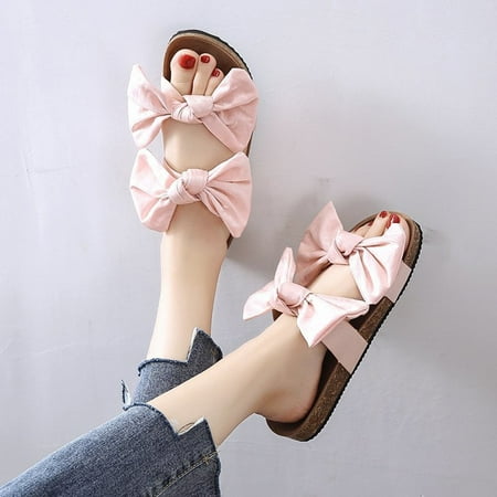 

YOTAMI Womens Slippers New Fashion Outer Wear Bow Tie Flat Bottom Large Size Foreign Trade Slippers Pink