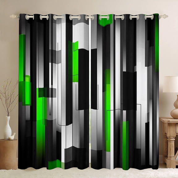 Manfei Black Green Gray Black Out Curtains, Modern Gradient Stripe Curtains Pack of 2 (42x63 Each), Contemporary Geometric Bedroom Curtains, Luxury Room Decor