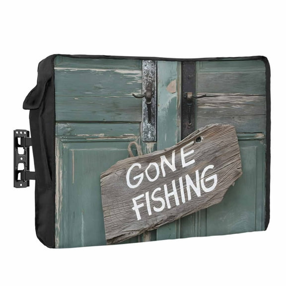 Outdoor TV Cover 40 to 43 Inches, GONE FISHING Bronze Wood Grain Vintage Farmhouse Waterproof and Weatherproof TV Cover with Remote Control Pocket, Flat Screen TV Cover Protector for Outside TV