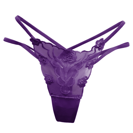 Fulorrnie Women s Sexy Lace Panties Floral Embroidery  Sheer Mesh Cutout Design  Low Rise Thong Cotton Gusset Underwear  Purple  L