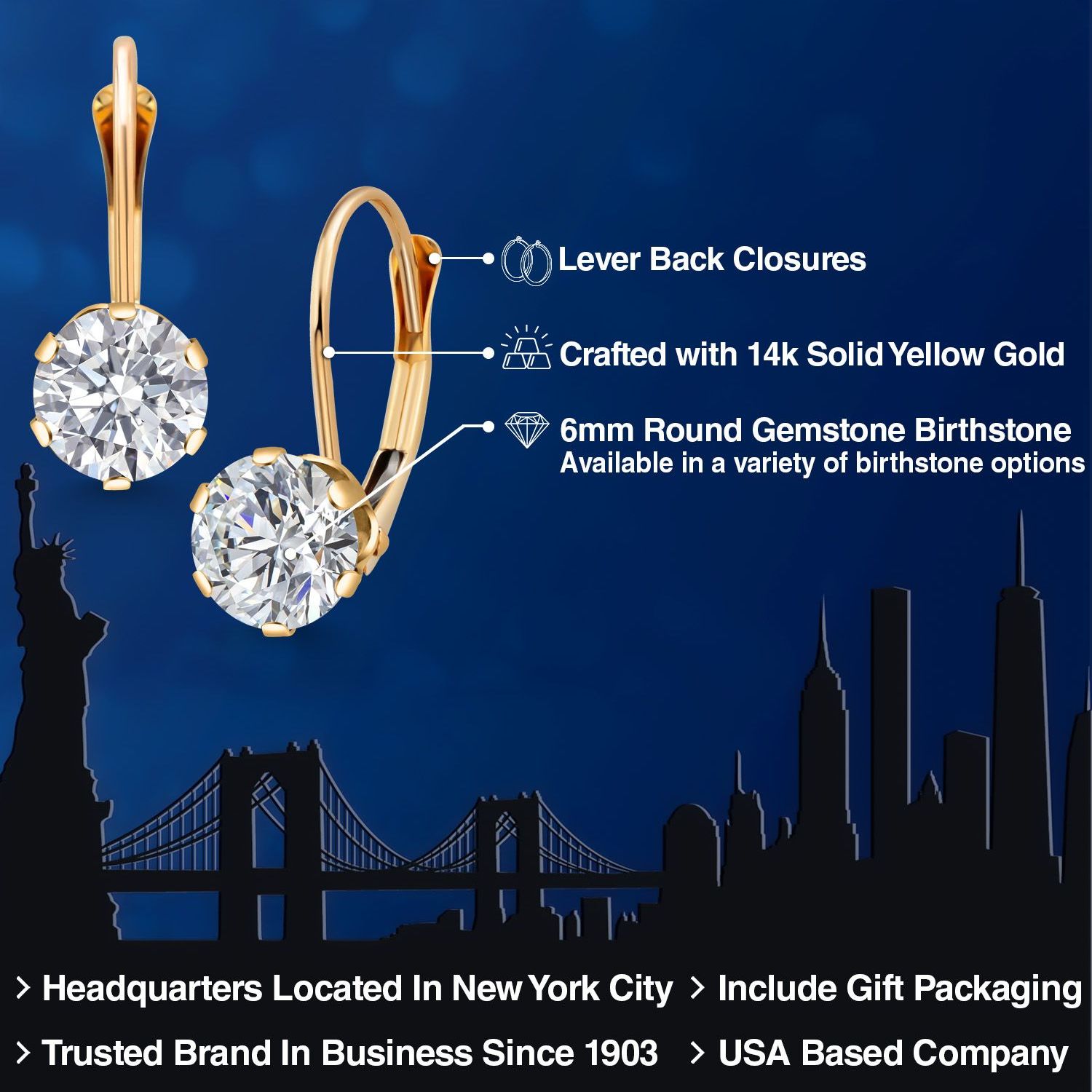 Gem Stone King 14K Yellow Gold Lab Grown Diamond Drop Dangle Earrings for Women | 1.48 Cttw | Gemstone April Birthstone | Round 6MM