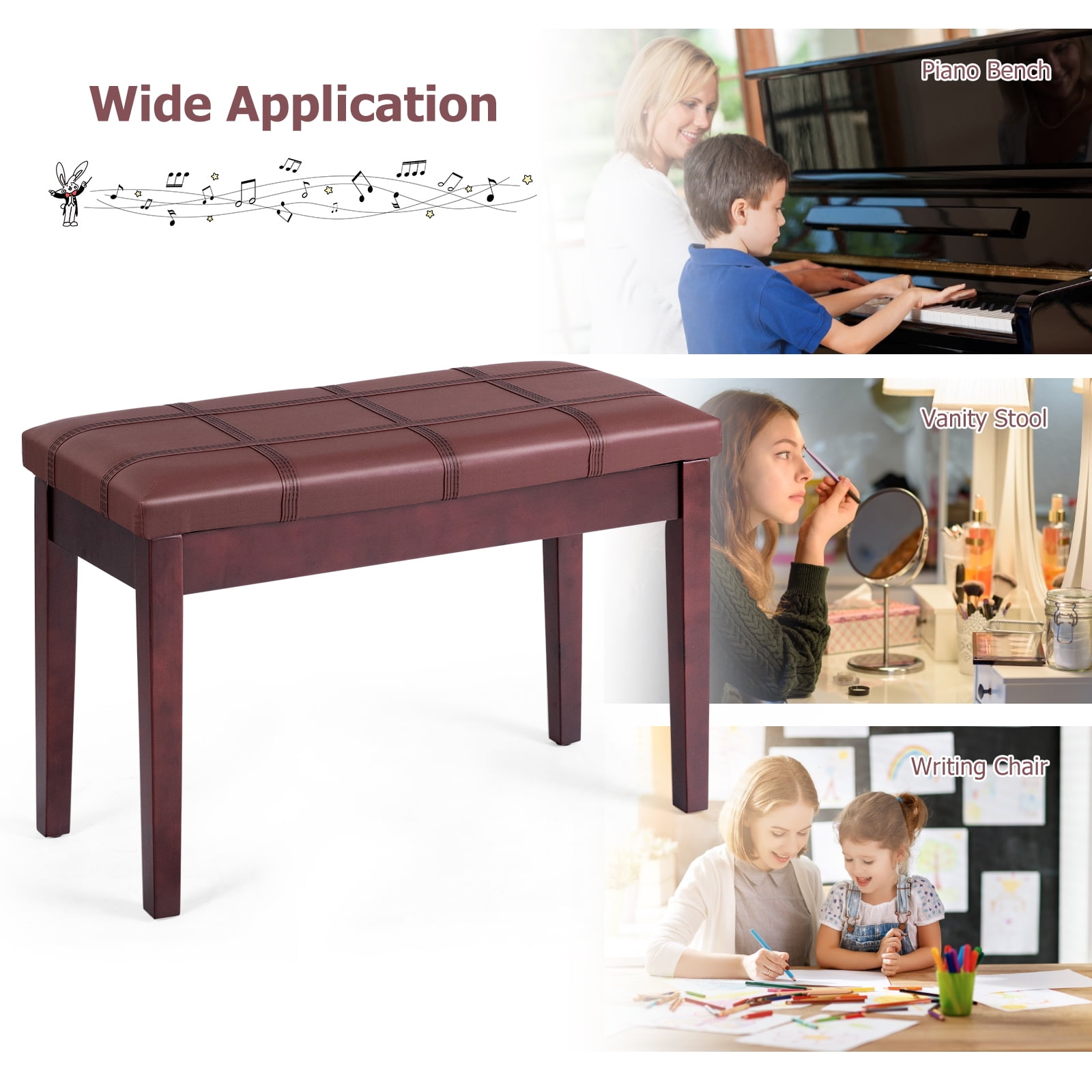Infans Solid Wood PU Leather Piano Bench Padded Double Duet Keyboard Seat Storage Brown