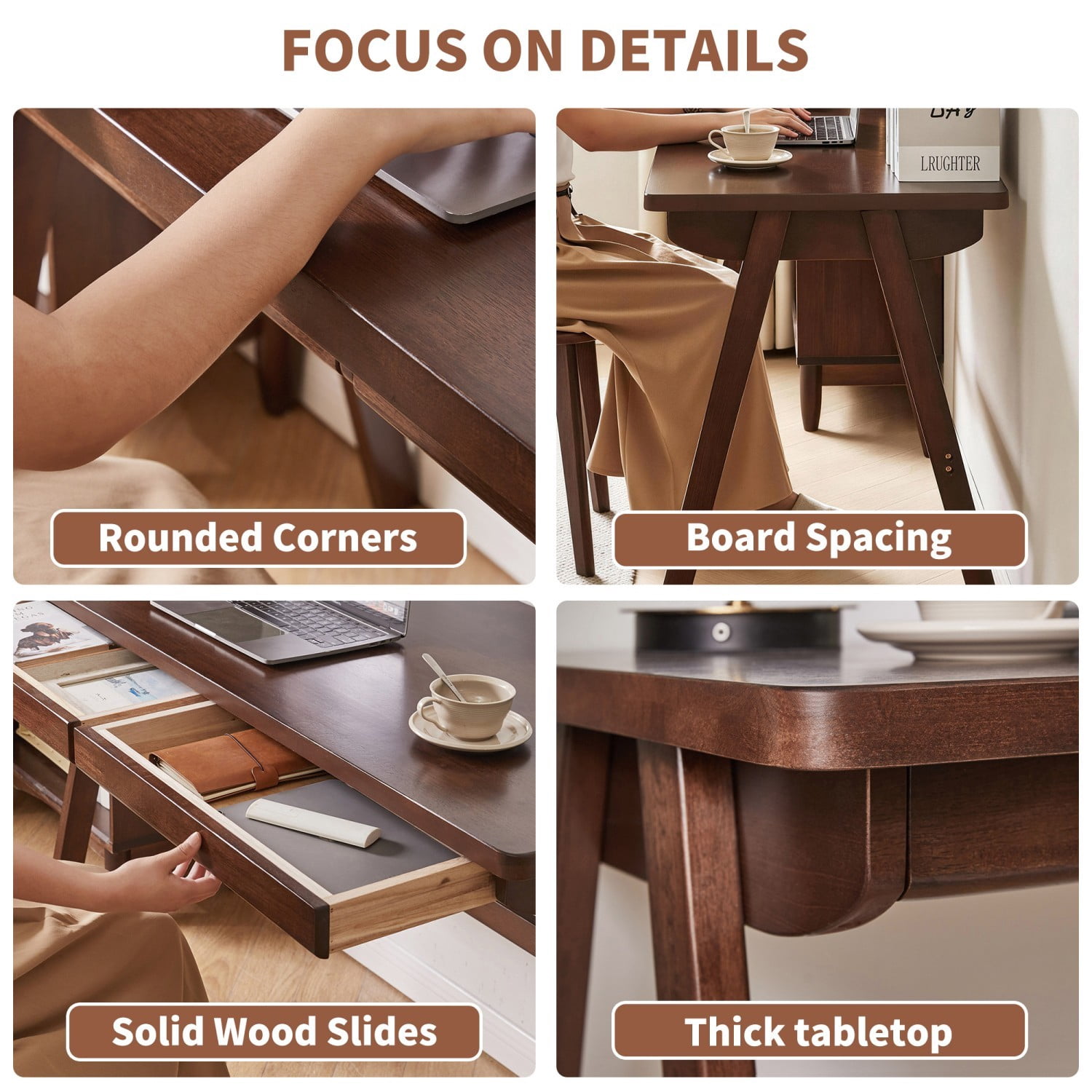 100% Solid Rubber Wood Writing Desk with Drawer, Retro Walnut Computer Desk, 39.37"×21.65", 0.71" A-Frame Standard Thick Home Office Desk, Study Table for Bedroom, Apartment & Workspace