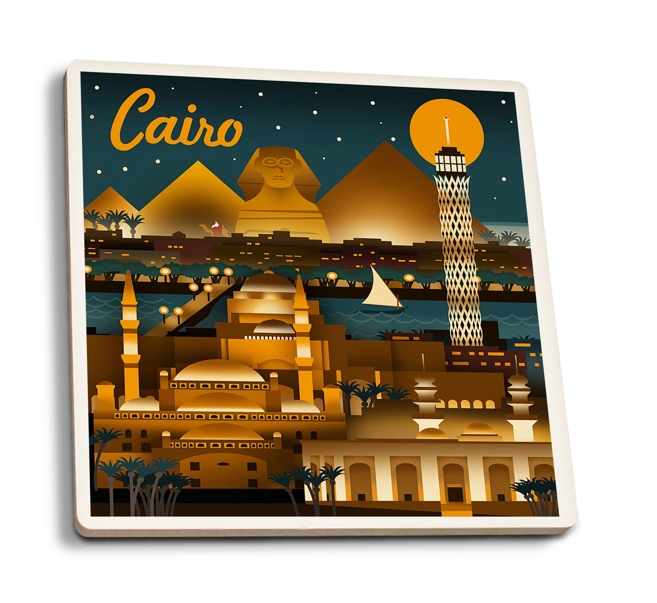Cairo, Egypt, Retro Skyline (Absorbent Ceramic Coasters Set of 4 Matching Images, Cork Back