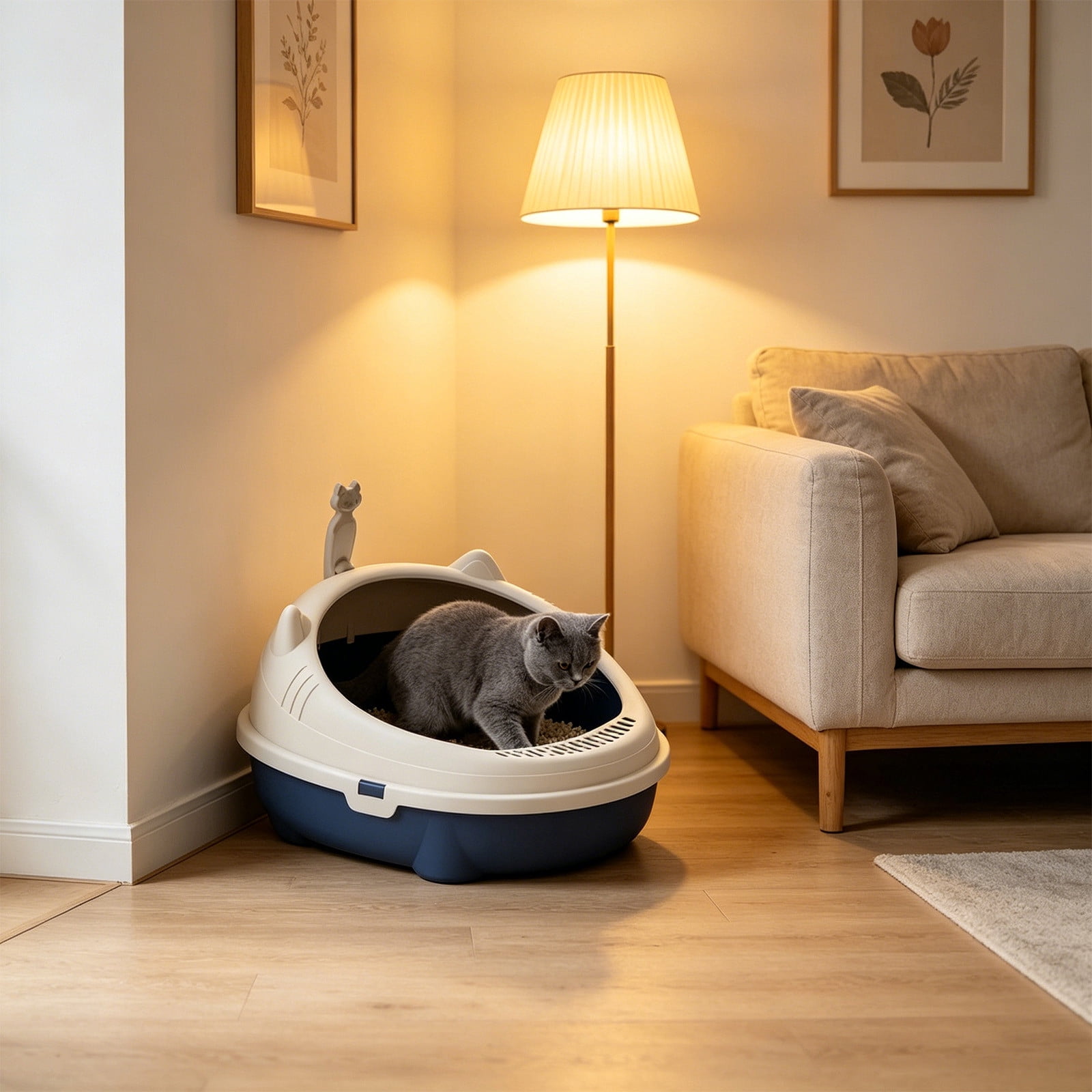 2026 New Open Top Cat Litter Box, High Wall Semi Enclosed Pet Litter Tray for Home Living Room, Non Slide Bottom & Easy to Clean, 16.54x14.17x6.69in Blue