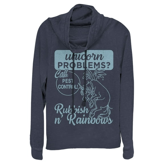 Junior's Onward Rubbish N' Rainbows Pest Control Cowl Neck Sweatshirt Navy Blue X Small