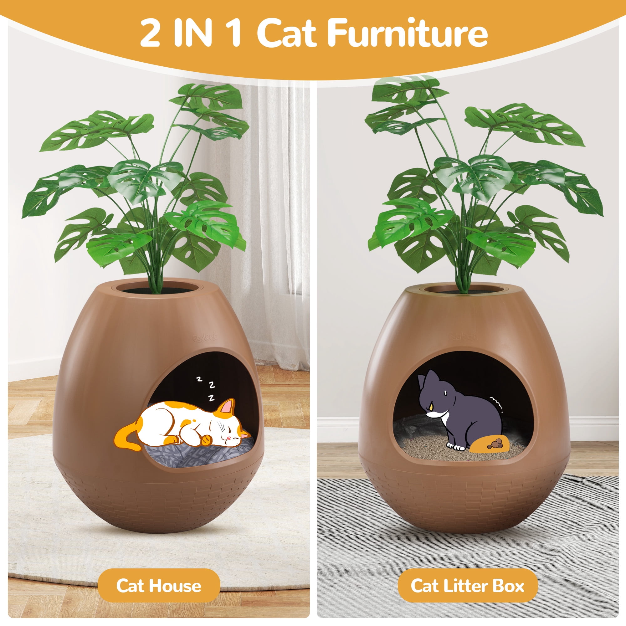 Coziwow Plant Litter Box, Hidden Cat Litter Box with Artificial Plants and Cat Litter Mat, Carbon Odor Filter System, Easy to Clean, Brown