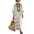 thumbnail image 4 of IFNWSV Robes Grande Taille, Robe Longue Ample à Rayures à Manches Mi-Longues et Col en V avec Poche Style Mode Décontracté, Robes d'Été pour Femmes Blanc 3TG, 4 of 5
