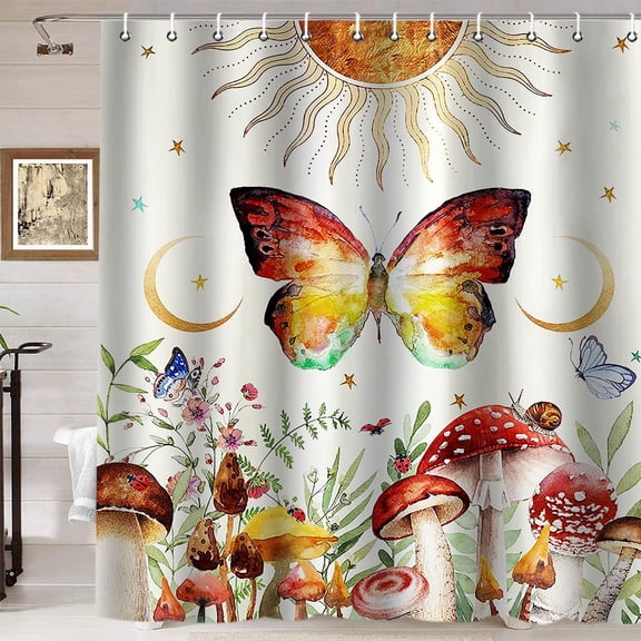 Red Trippy Mushroom Shower Curtain, Boho Moon Burning Sun Butterfly Snail Fantasy Plant Floral Botanical Green Leaves Aesthetic Bathroom Decor, Waterproof Fabric Shower Curtain, 72 X 72 Inch