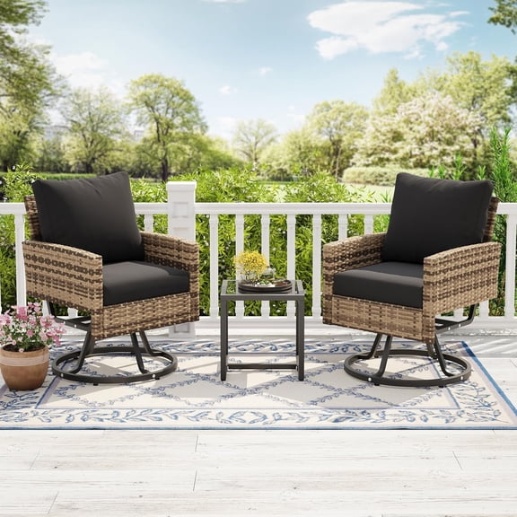 3 Piece Patio Furniture Set, Outdoor Swivel Chair and Table, Wicker Patio Chairs Set of 2 with Side Table for Porch Garden Lawn Balcony Backyard (Brown & Black)