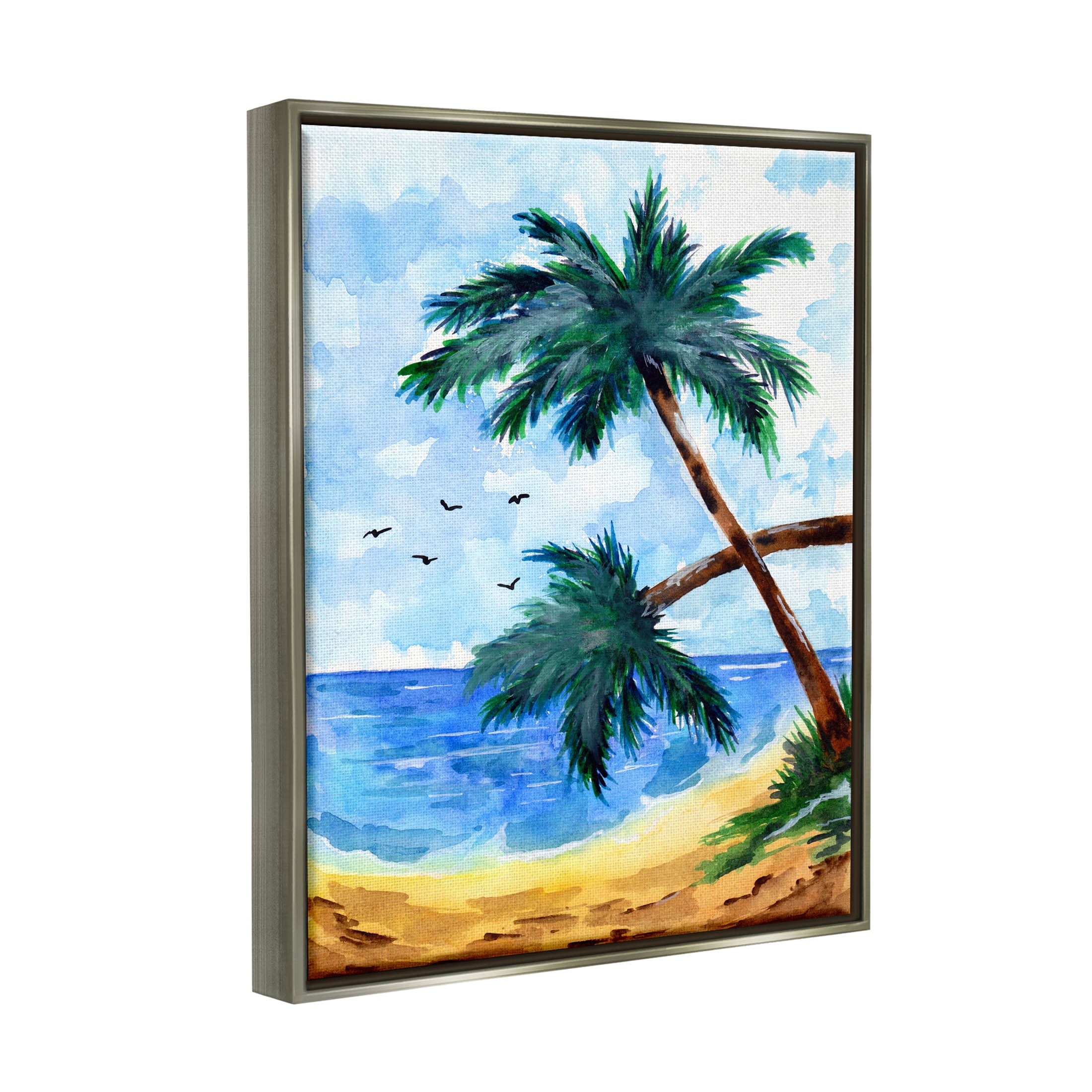 Tropical Beach Palms Birds Flying Coastal Painting Luster Gray Framed Art Print Wall Art