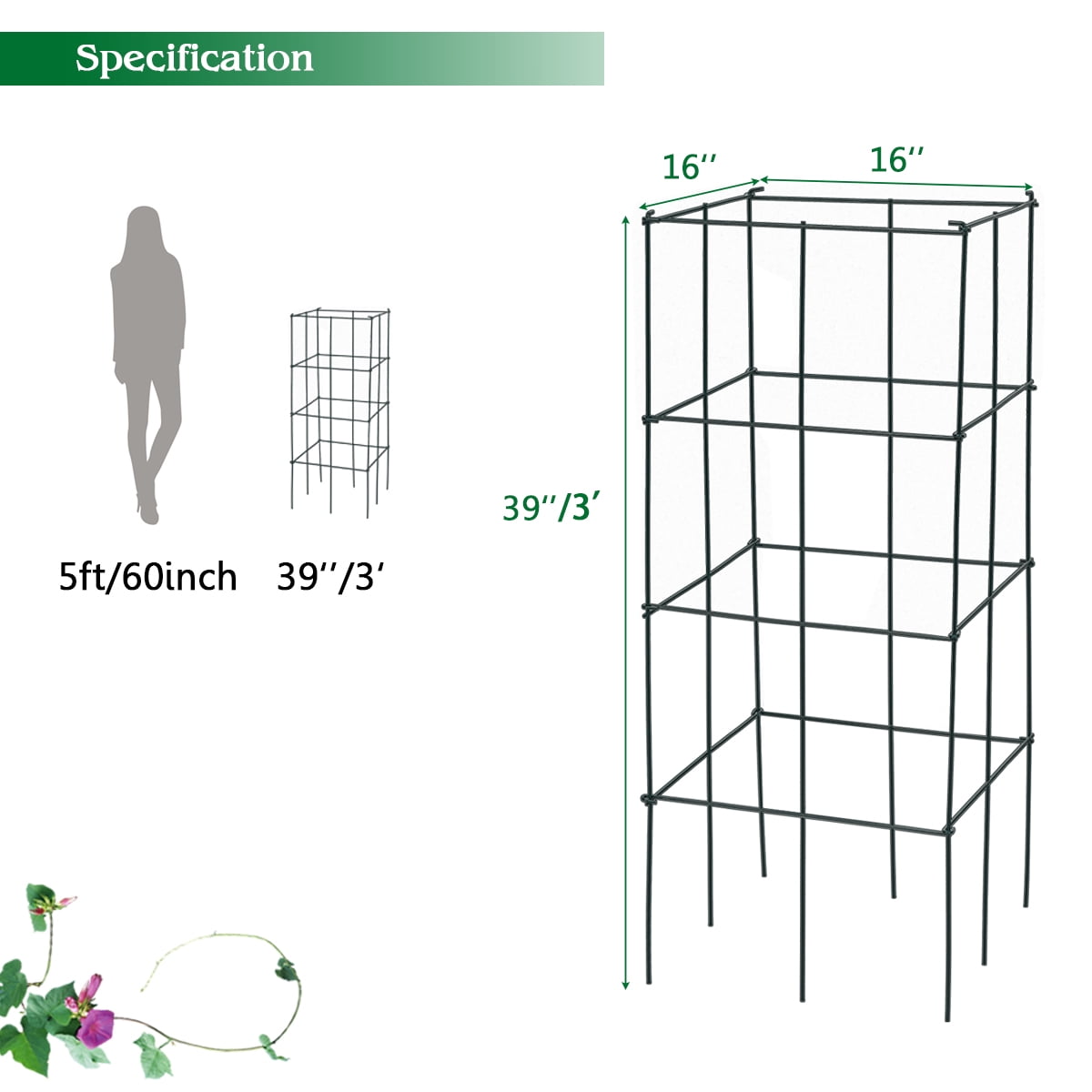 Gymax 8 Pack Tomato Cages Garden Cages Stakes Plant Trellis 16'' x 16'' x 39''