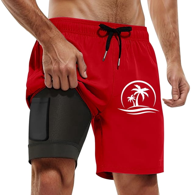 Mens Shorts Swim Trunks Compresssion Liner Inseam Board Shorts Bathing Suit With Pockets Mens Running Shorts Red M