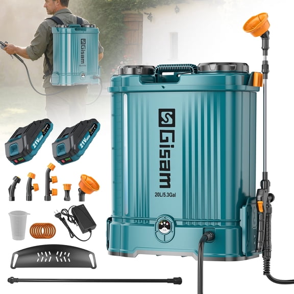 Battery Powered Backpack Sprayer 5.3Gal , Gisam 120 PSI Electric Pressure Sprayer,w/ 2 x Batteries, Telescopic Wand & Corrosion-Resistant Wand, 5 Nozzles Sprayer for Lawn Yard Garden Planting