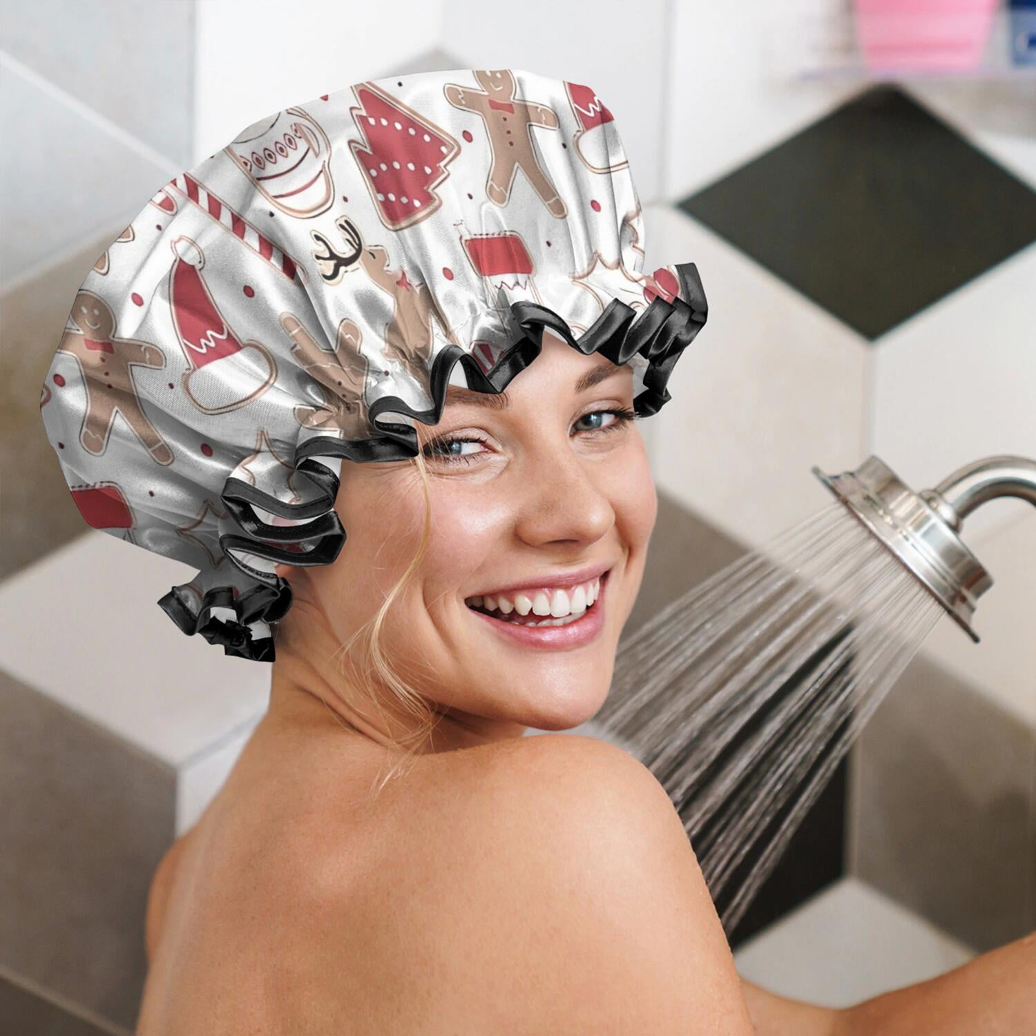 Shower Caps,White Christmas Cookie Pattern Waterproof Shower Cap for Women 4 Pieces,Double Reusable Hair Cover for Shower PEVA Elastic Stretch Hem