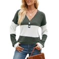 thumbnail image 5 of Deago Women's Color Block Long Sleeve Fall Sweaters Casual Fashion Ribbed Knit V Neck Button Pullover Shirts Tops (Green, M), 5 of 8