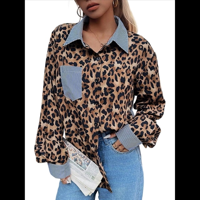 Blusas de Larga con Estampado de Leopardo A Rayas para Mujer, Camisas con Cuello Abotonado y Estampado de Guepardo. Estampado de Leopardo XL
