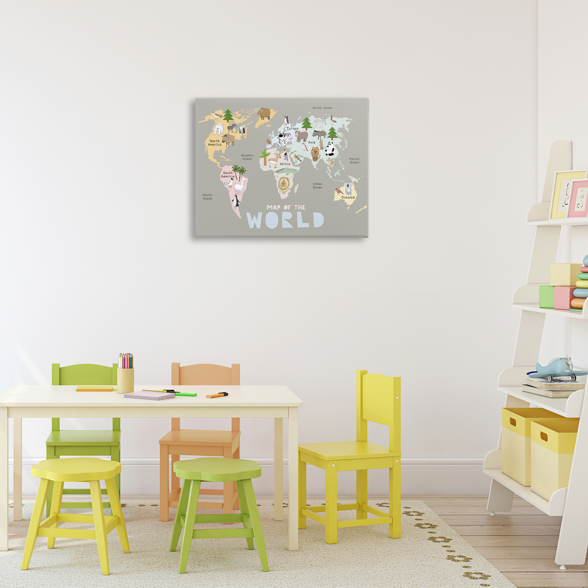 Kid's Map Of World Grey Canvas Wall Art, design by Carla Daly
