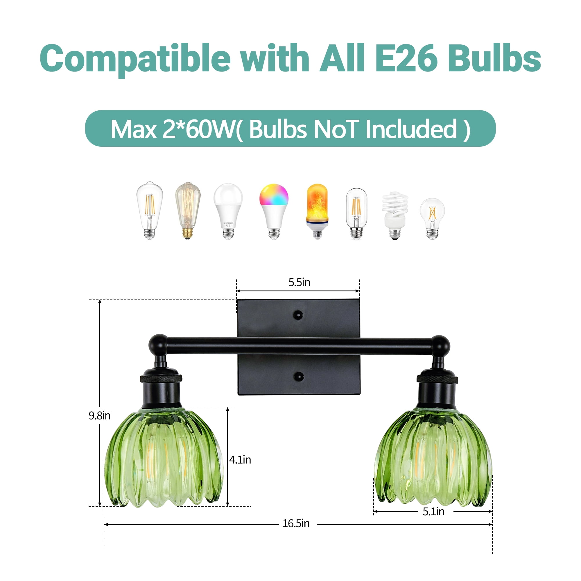 HKMGT 2-Light Black Vanity Light with Green Ribbed Glass,, Reversible Mounting, E26 Base Wall Sconce for Bathroom & Hallway