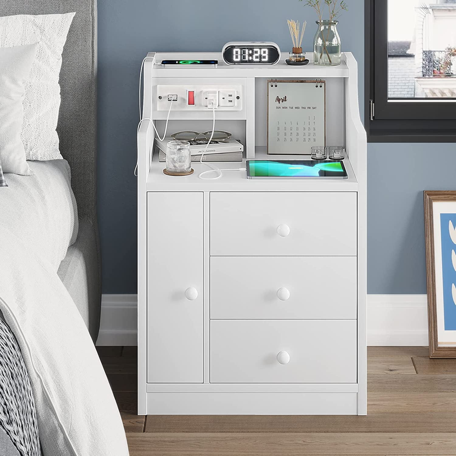 Nightstand with Charging Station & Hutch & 3 Drawer,Modern Bedside