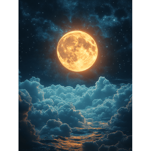 Qisvanset 12x16 Inch 2D Flat Framed Canvas Art, Full Moon Starry Cloud Mystical Nature Home Wall Art Decor