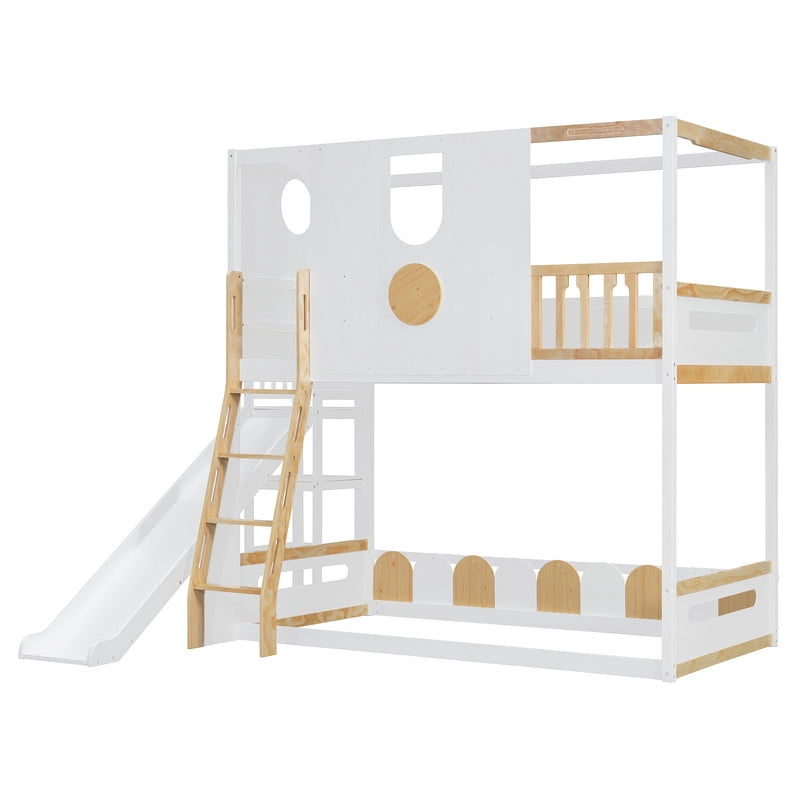 Twin Size Versatile Kids Loft/Bunk Bed with Floor Bed, House Bed Frame with Slide, Storage Shelves and Guardrails