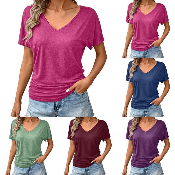 DYTTDG Women's V-Neck Dolman Sleeve Top | Loose Fit Solid Color Casual Summer Pullover Top, Flowy Knit Blouse