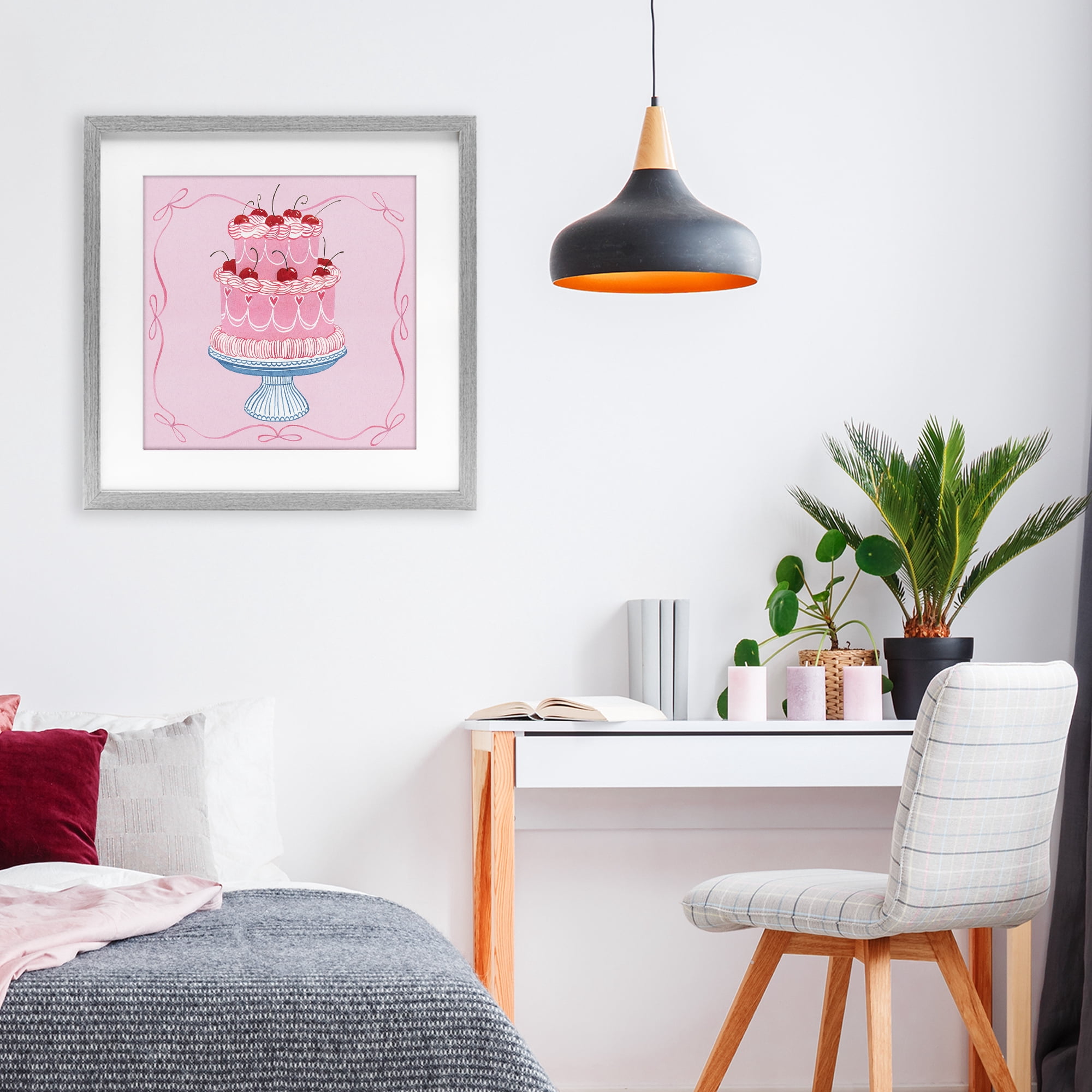 Stupell Industries Romantic Pink Cherry Cake Gray Framed Print Under Glass, design by Grace Popp