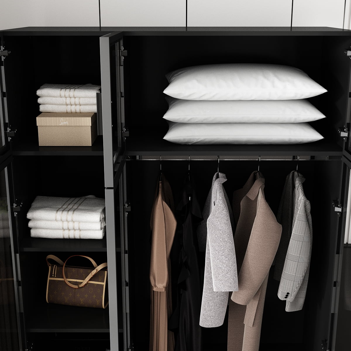 WIAWG Bedroom Wardrobe with Lights, Armoires Closet Storage Cabinet with Hanging Rod and Glass Doors