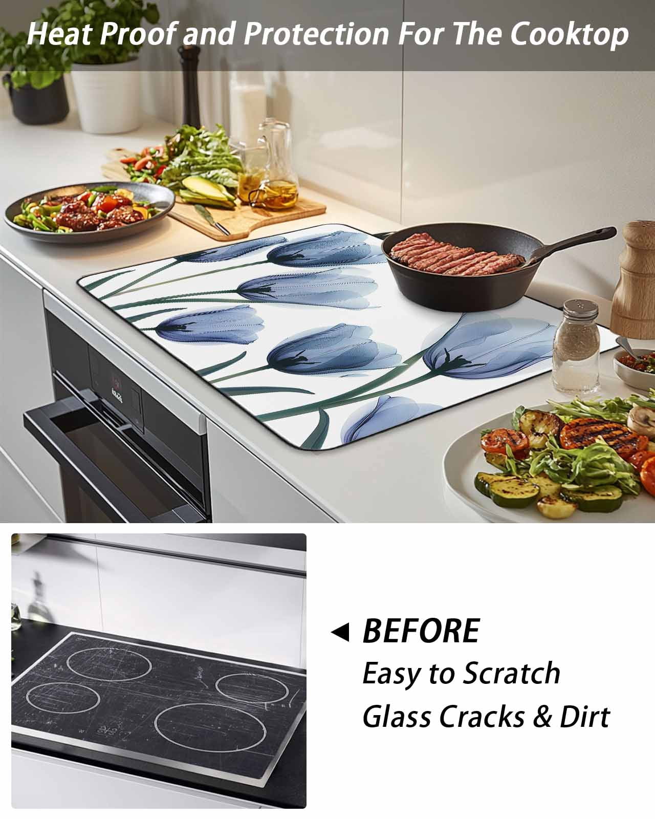 Stove Top Covers for Electric Stove, Blue Spring Floral Glass Stovetop Cover Protector, Tulip Blooming Summer Botanical Induction Cooktop Protector Oven Mat for Kitchen Countertop 24"x21"