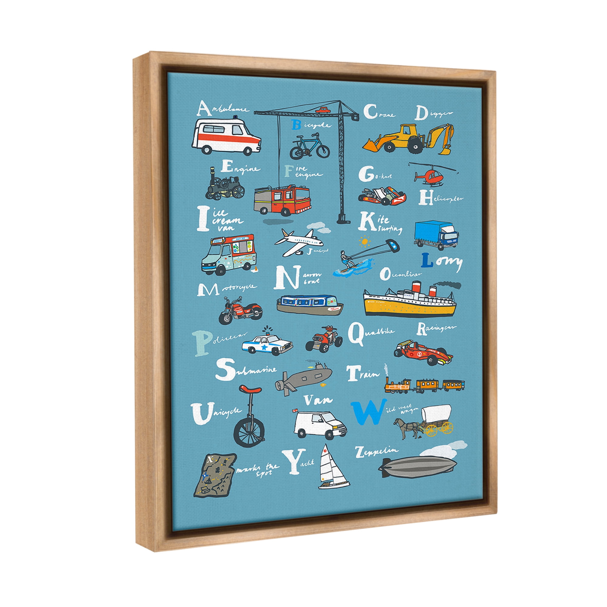 Stupell Industries Various Vehicles Alphabet Transportation Painting Brown Floater Framed Canvas Art Print Wall Art, 17 x 21
