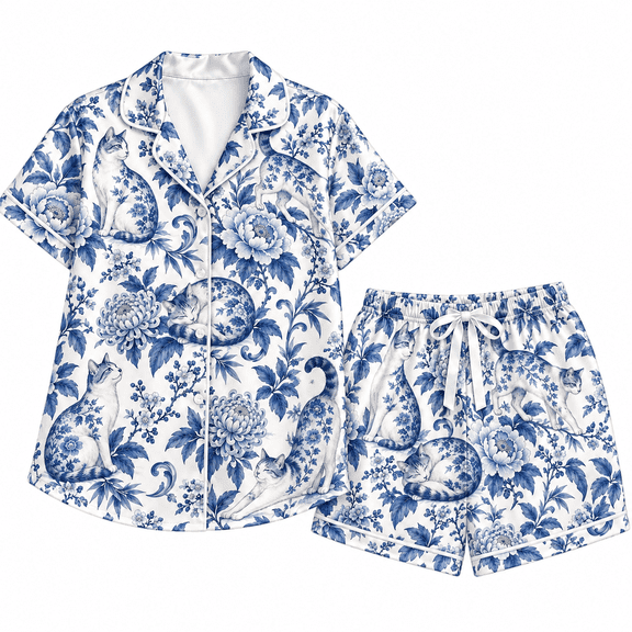 MERIVANE Floral Cat All-over Print Satin Pajama Set Short-Sleeve, Blue Porcelain Style Sleepwear