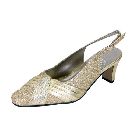 

FLORAL Abagail Women s Wide Width Pleated Upper Crystals Closed Toe Slingback GOLD 5