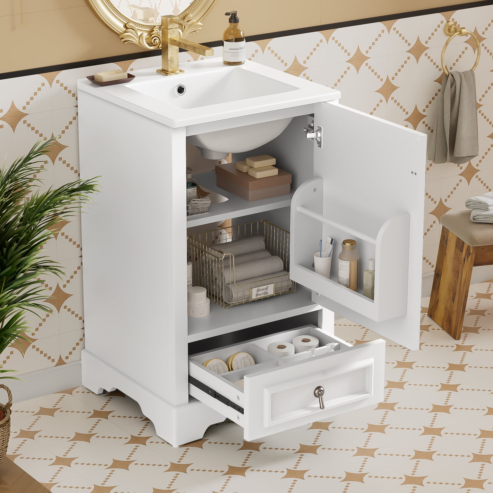 Harper & Bright Designs 20" White Bathroom Vanity with Sink, Modern Bathroom Cabinet Freestanding with Drawer, Wood Bathroom Storage Cabinet with Adjustable Shelf for Small Space
