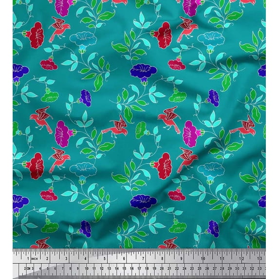 Soimoi Cotton Cambric Fabric Leaves,Bird & Floral Artistic Fabric Prints by Yard 42 Inch Wide