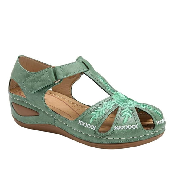 JeashCHAT Women Summer Sandals Beach Wedge Sandals Bohemian Ankle Strap Closed Toe Embroidered Causal Comfortable Gladiator Outdoor Shoes (Green)
